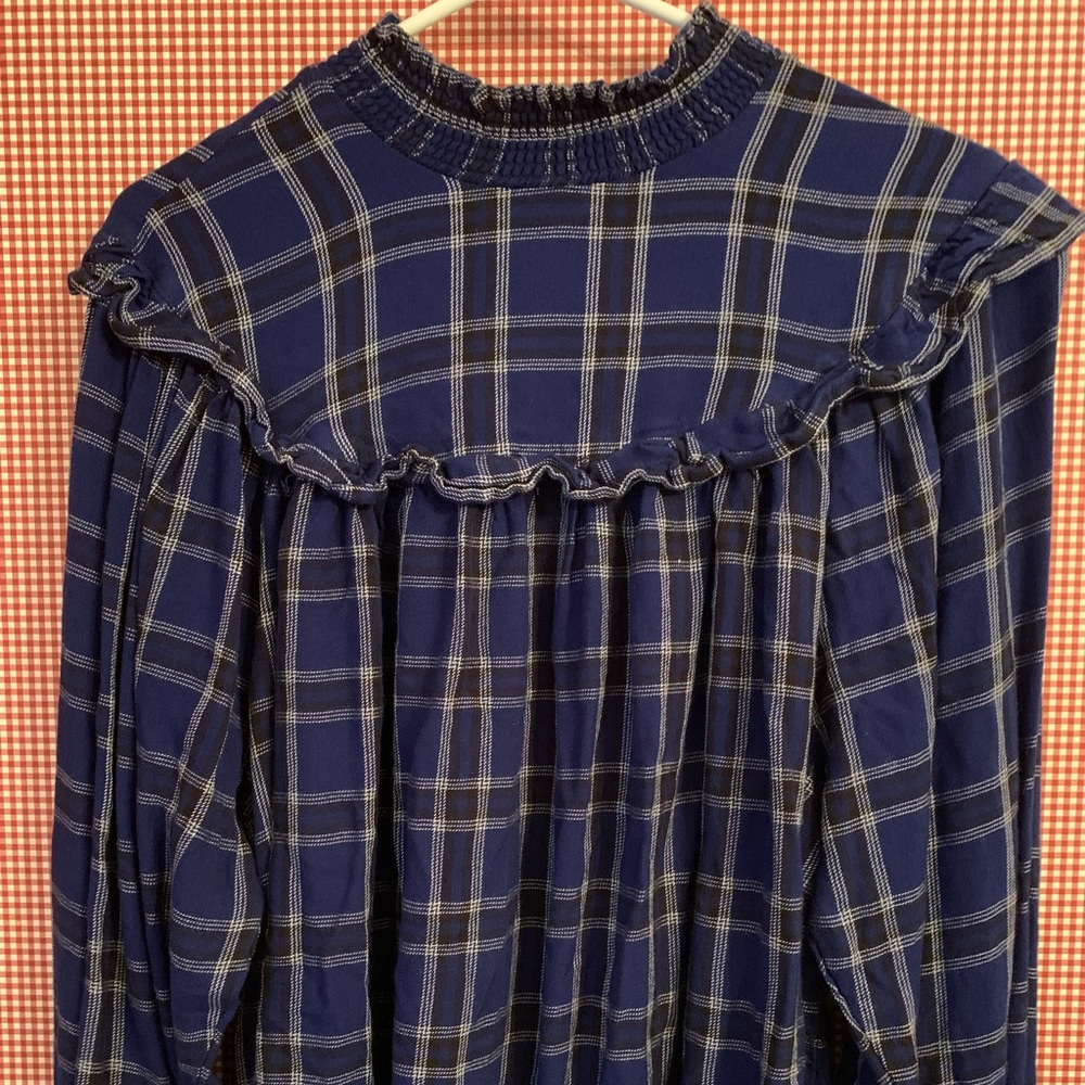 Smocked blue plaid flannel top
